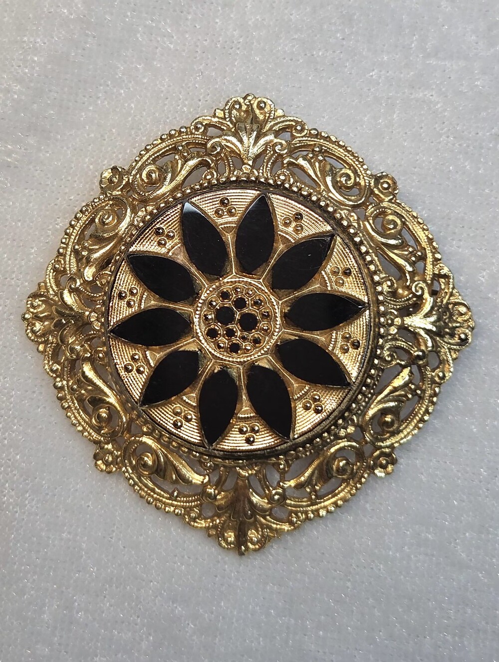 Vintage Ornate Gold Filigree Black Petal Inlay Brooch / Pin